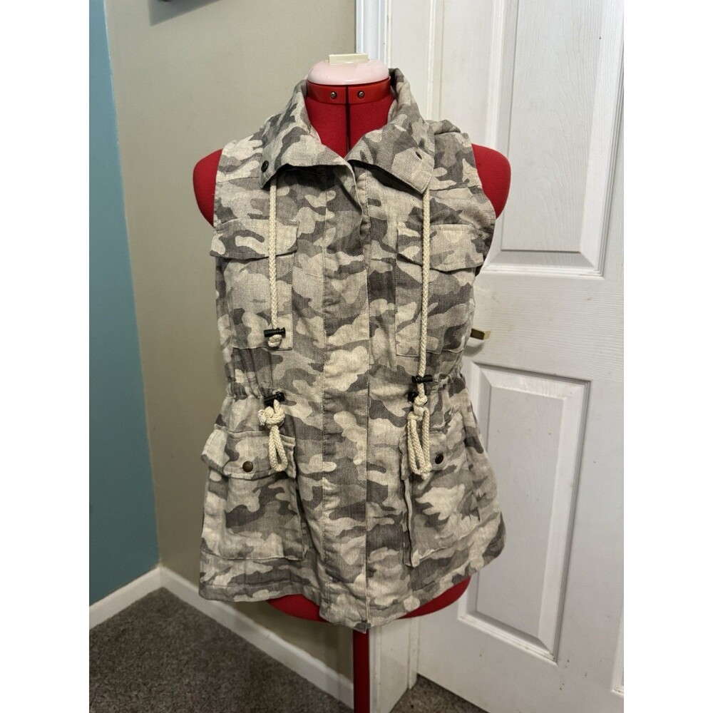 Entro Hooded Utility Vest Womens Small Gray Camo Cargo Drawstring Sleeveless